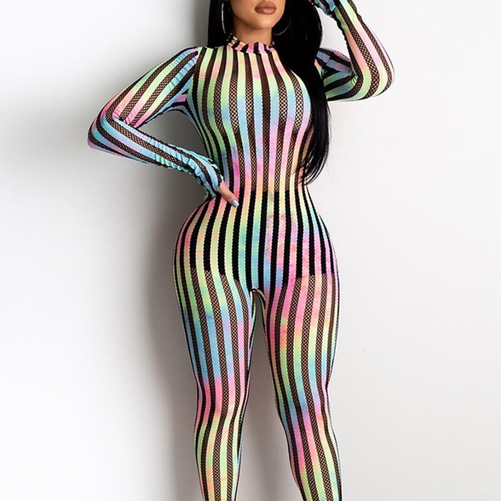 Color long sleeve stripped jumpsuit